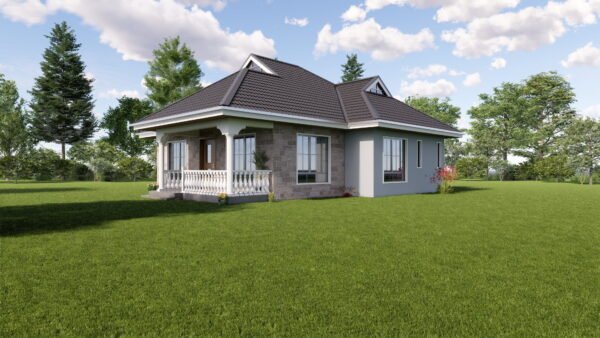 Charming three-bedroom bungalow design with a total plinth area of 122 square meters, featuring a welcoming entrance porch, cozy lounge area, spacious dining area, well-appointed kitchen, tranquil rear porch, primary bedroom with ensuite bathroom, and two additional bedrooms sharing a common washroom