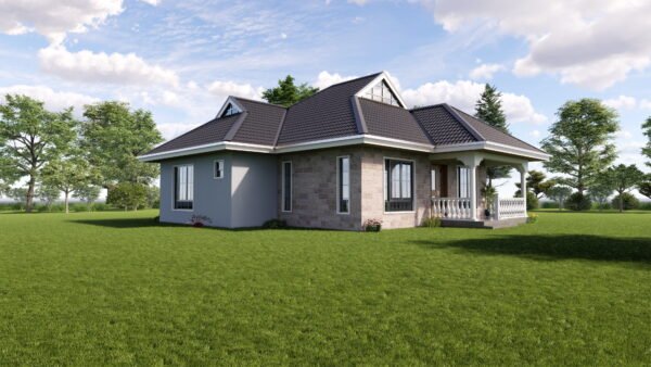 Charming three-bedroom bungalow design with a total plinth area of 122 square meters, featuring a welcoming entrance porch, cozy lounge area, spacious dining area, well-appointed kitchen, tranquil rear porch, primary bedroom with ensuite bathroom, and two additional bedrooms sharing a common washroom