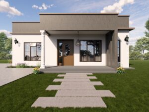 A stylish two-bedroom bungalow house design and plan with hidden roof.