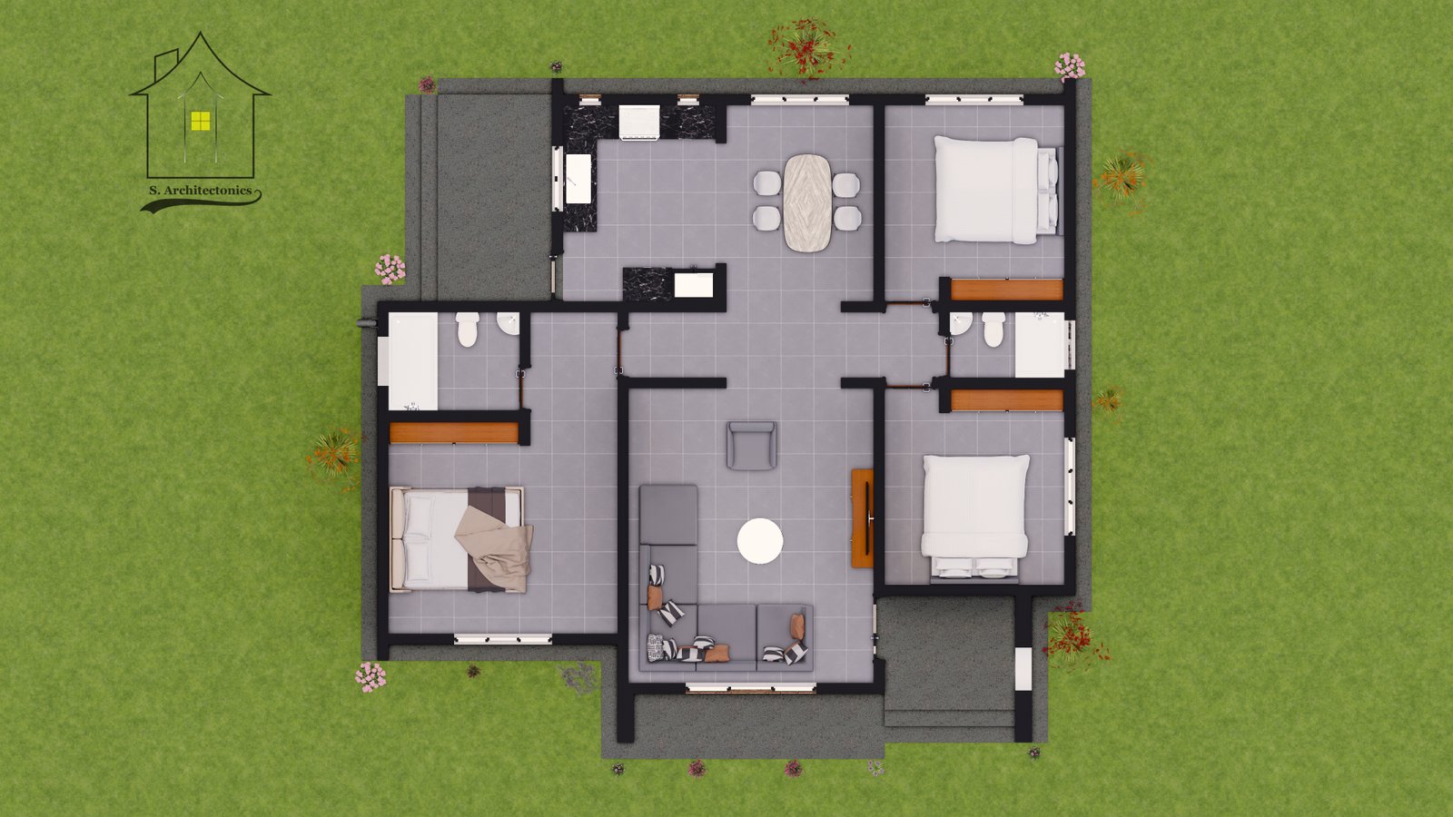 A box-type three-bedroom house design