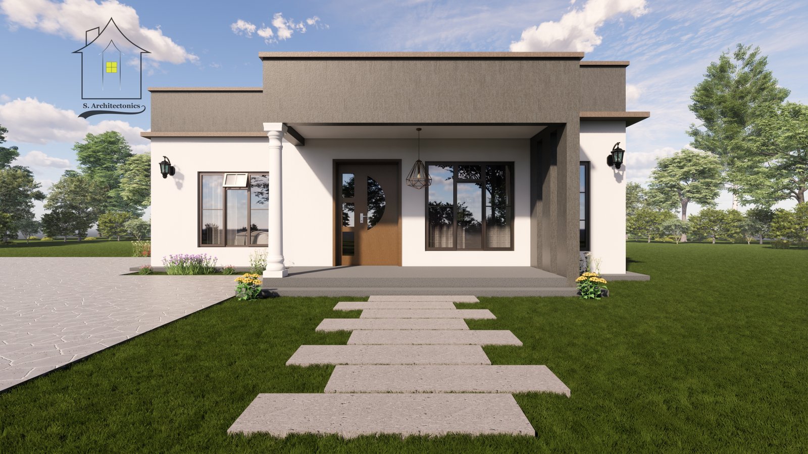 A stylish two-bedroom bungalow house design and plan with hidden roof