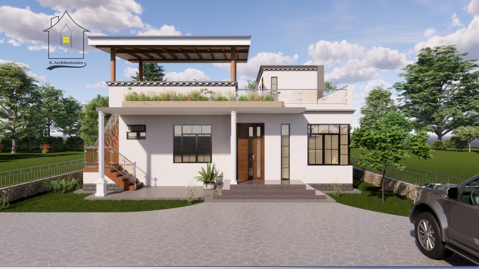 A flat roof three bedroom house plan in Kenya