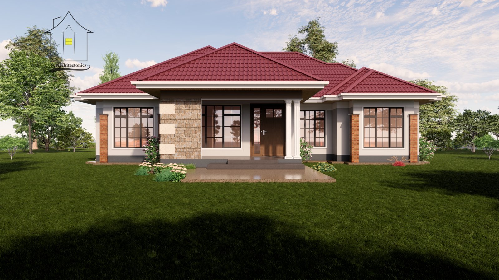A three-bedroom bungalow house plan in Kenya