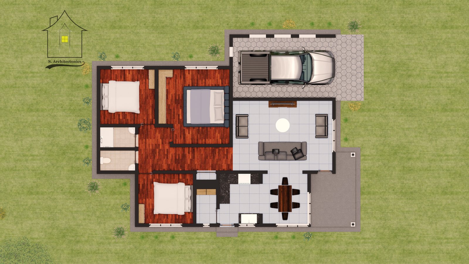 A three-bedroom bungalow house plan