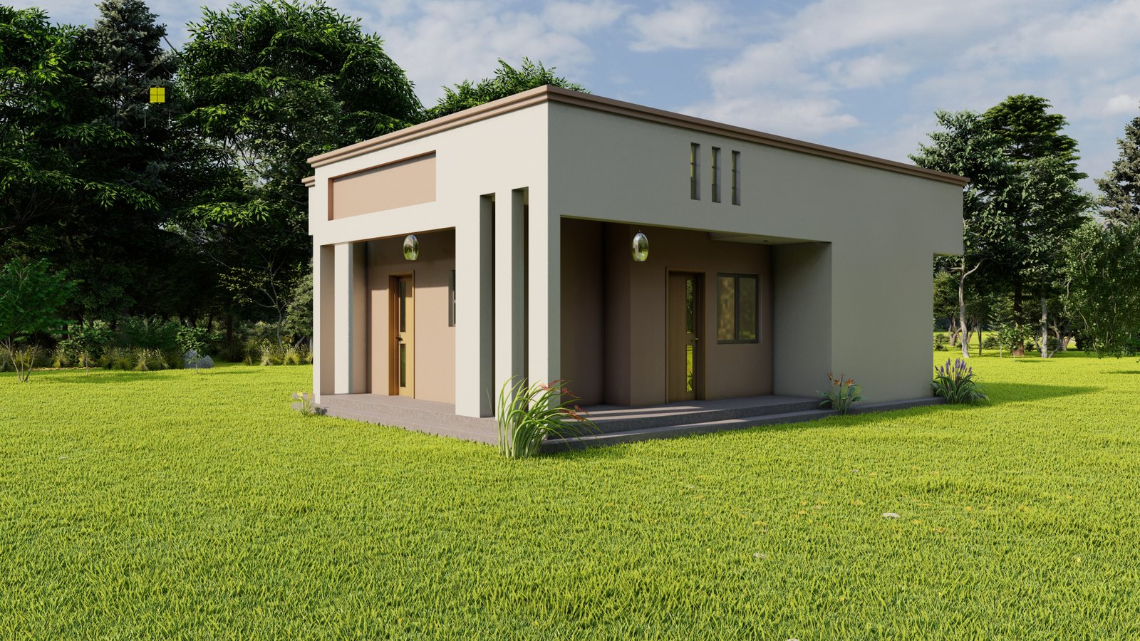 A two bedroom house plan with a hidden roof