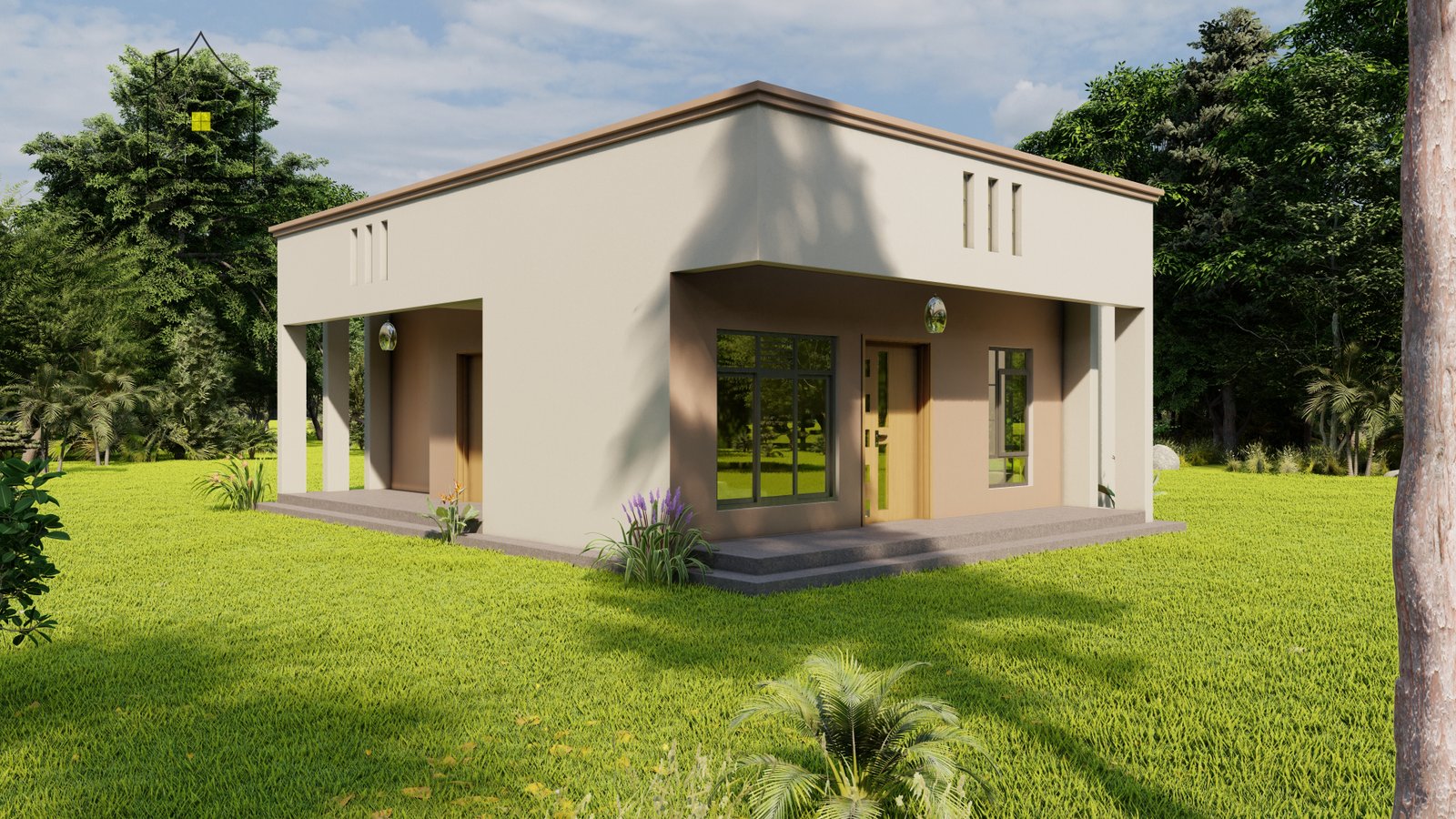 A two bedroom house plan with a hidden roof