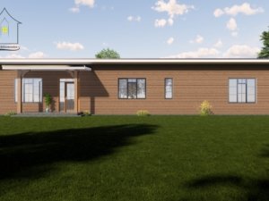 A two-bedroom house plan with mono-pitch roof