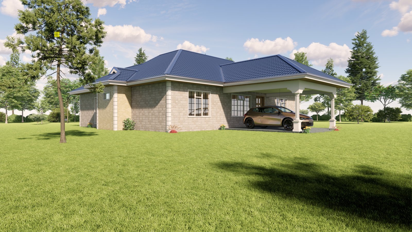 A three-bedroom bungalow house plan