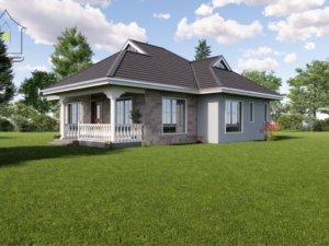 Charming three-bedroom bungalow design with a total plinth area of 122 square meters, featuring a welcoming entrance porch, cozy lounge area, spacious dining area, well-appointed kitchen, tranquil rear porch, primary bedroom with ensuite bathroom, and two additional bedrooms sharing a common washroom
