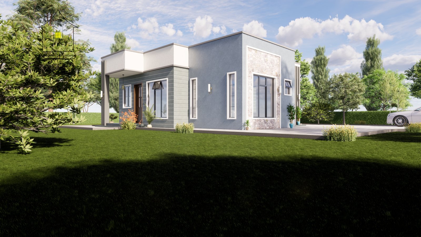 A beautiful two bedroom house plan with a hidden roof.