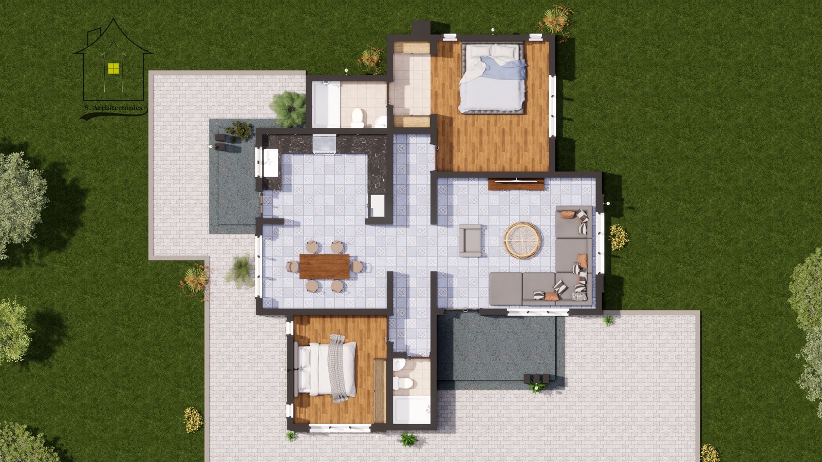 A beautiful two bedroom house plan with a hidden roof.