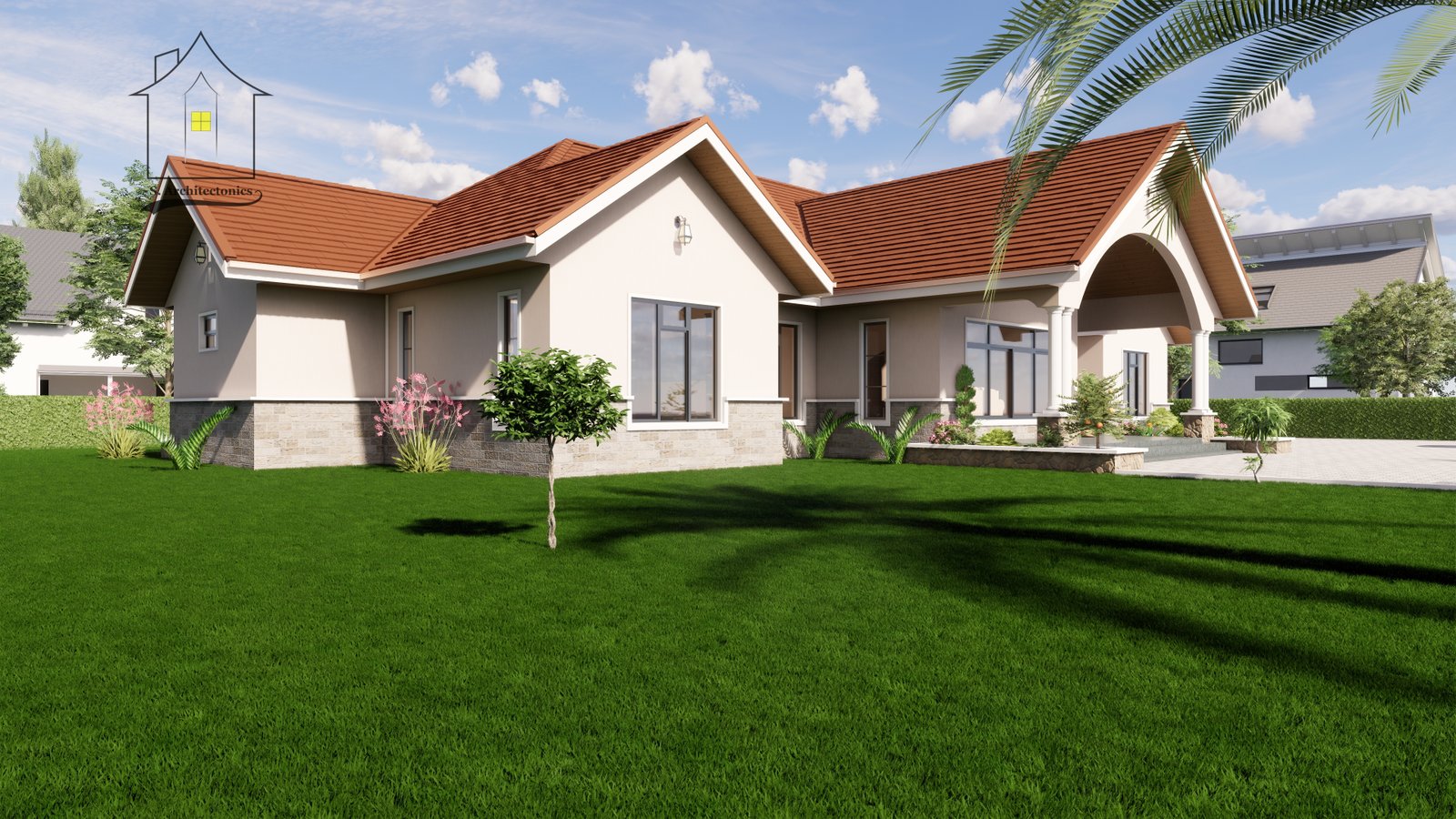 Three bedroom modern bungalow with pergola, study, and red gable roof.